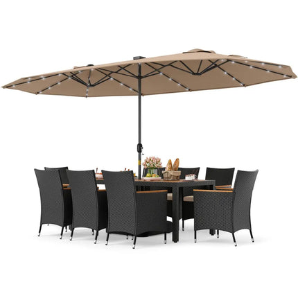 11 Pieces Patio Dining Set with LED Patio Umbrella with Base and Seat Cushions (Beige)-Coffee - Coffee - Patio Dining