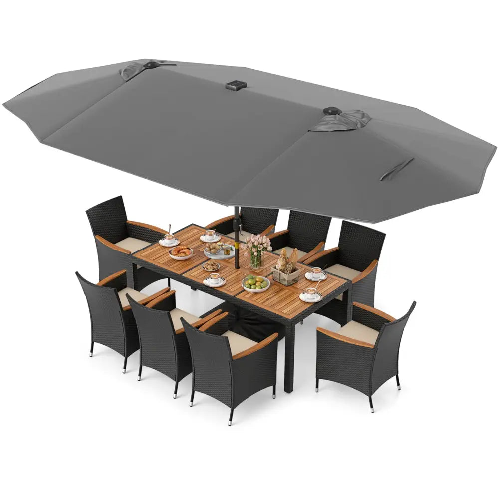 11 Pieces Patio Dining Set with LED Patio Umbrella with Base and Seat Cushions (Beige)-Gray - Gray - Patio Dining Sets