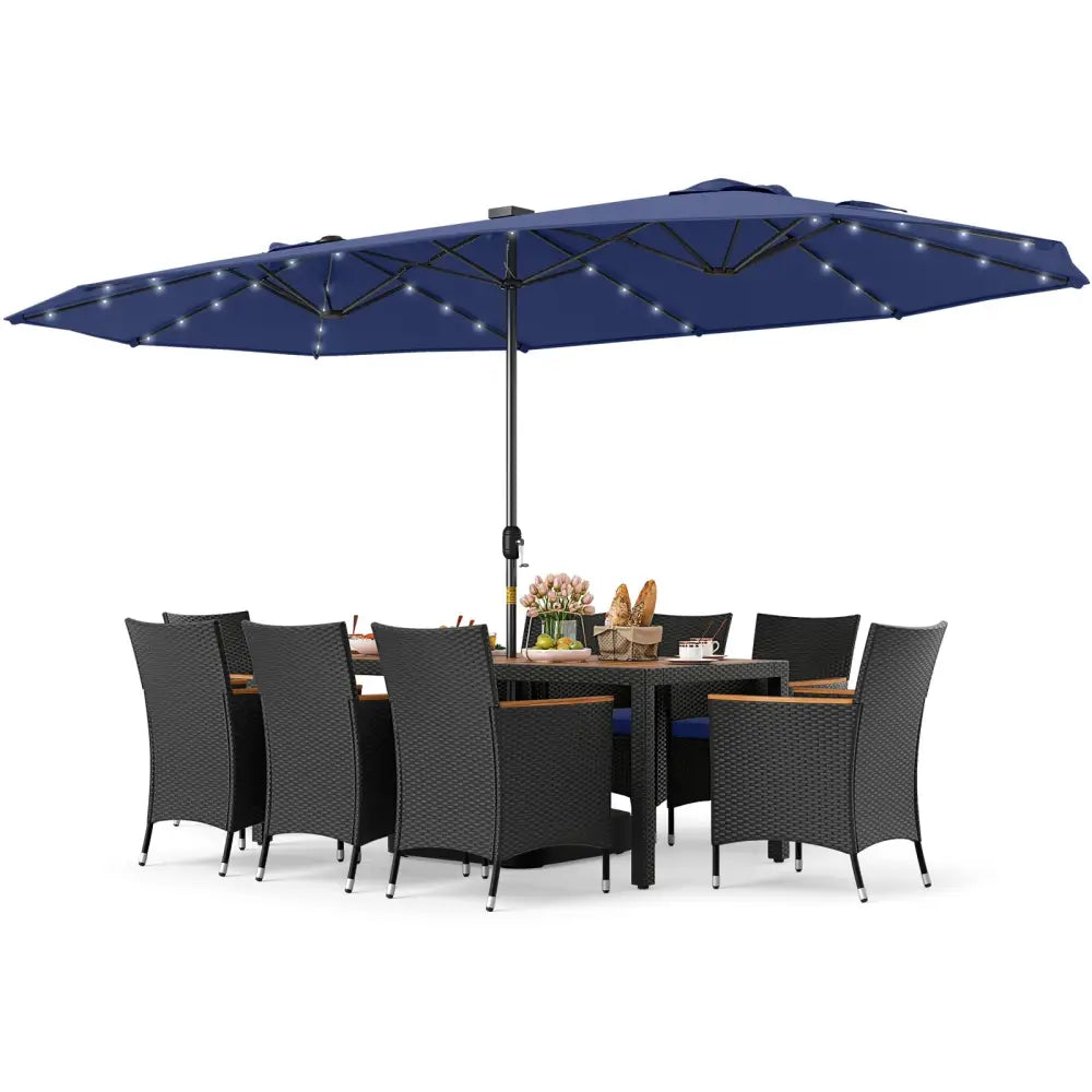 11 Pieces Patio Dining Set with LED Patio Umbrella with Base and Seat Cushions (Navy)-Navy - Navy - Patio Furniture Sets