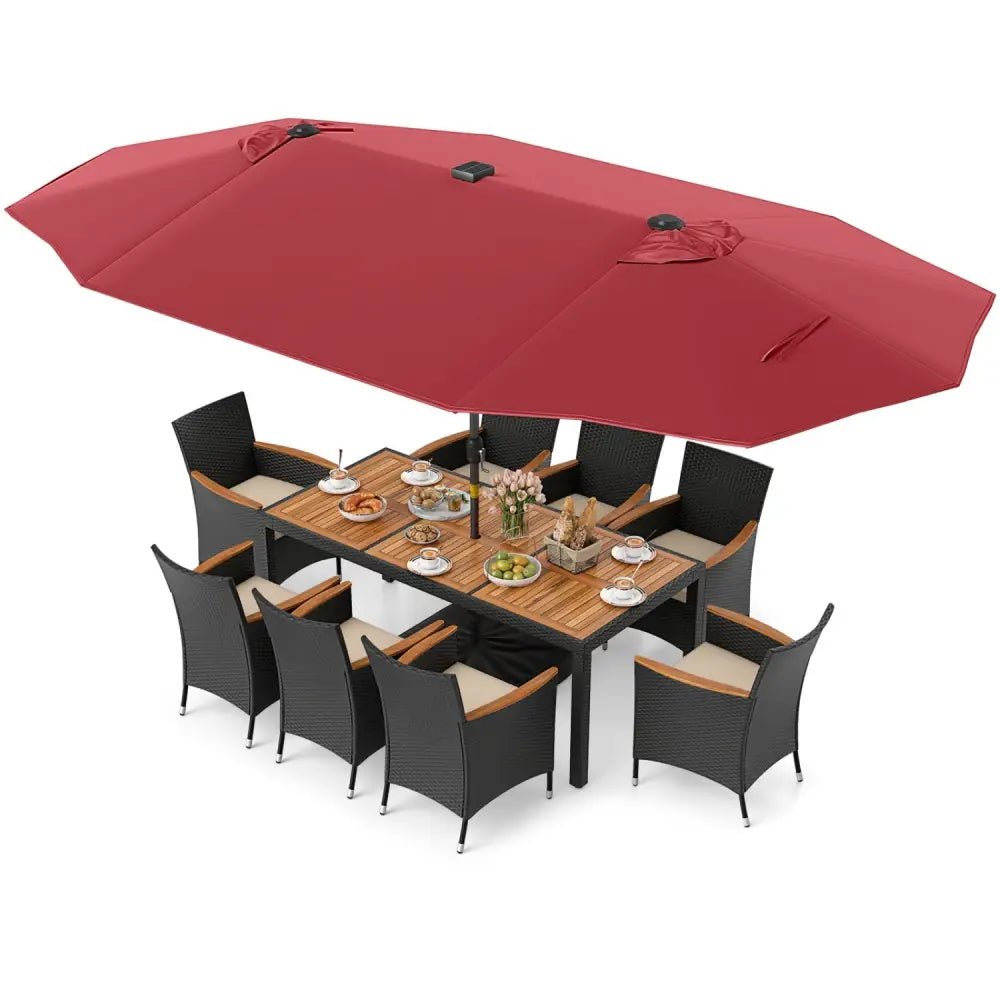 11 Pieces Patio Dining Set with LED Patio Umbrella with Base and Seat Cushions (Beige)-Wine - Wine - Patio Dining Sets