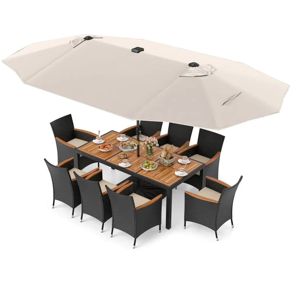 11 Pieces Patio Dining Set with LED Patio Umbrella with Base and Seat Cushions (Beige)-Beige - Beige - Patio Dining Sets