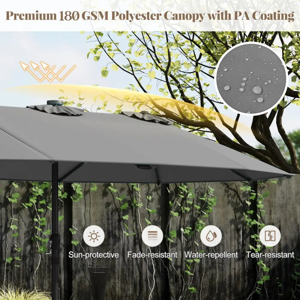11 Pieces Patio Dining Set with LED Patio Umbrella with Base and Seat Cushions (Beige)-Gray - Gray - Patio Dining Sets