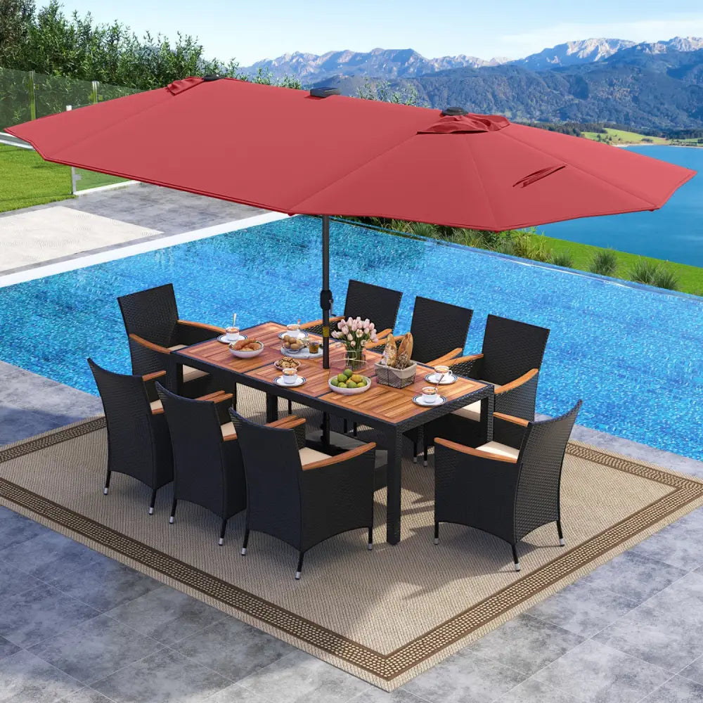 11 Pieces Patio Dining Set with LED Patio Umbrella with Base and Seat Cushions (Beige)-Wine - Wine - Patio Dining Sets