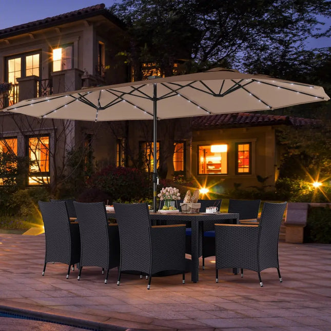 11 Pieces Patio Dining Set with LED Patio Umbrella with Base and Seat Cushions (Navy)-Coffee - Coffee - Patio Furniture