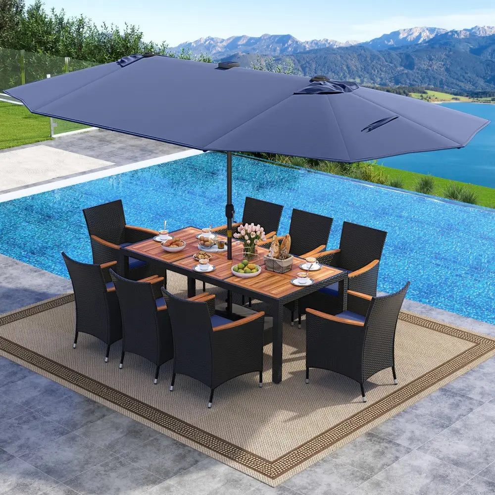 11 Pieces Patio Dining Set with LED Patio Umbrella with Base and Seat Cushions (Navy)-Navy - Navy - Patio Furniture Sets