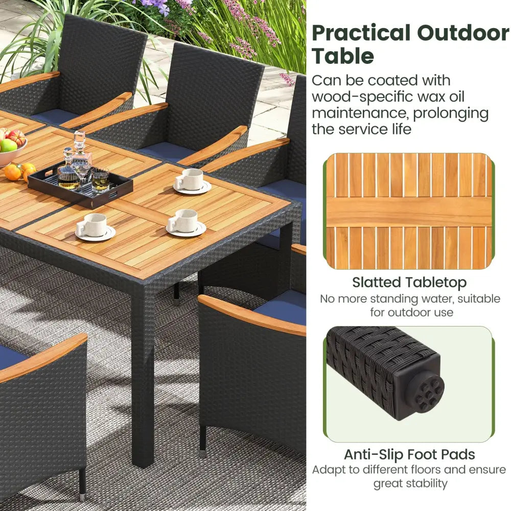 11 Pieces Patio Dining Set with LED Patio Umbrella with Base and Seat Cushions (Navy)-Coffee - Coffee - Patio Furniture