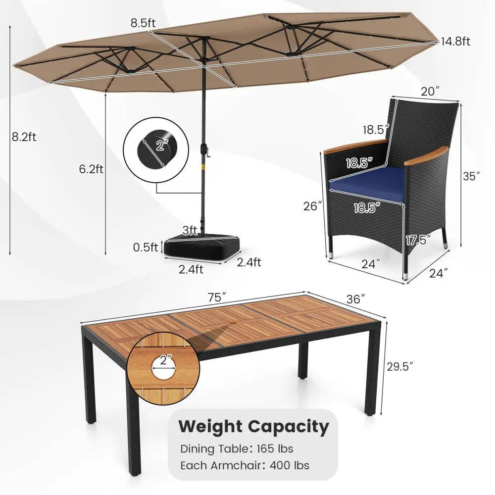 11 Pieces Patio Dining Set with LED Patio Umbrella with Base and Seat Cushions (Navy)-Coffee - Coffee - Patio Furniture