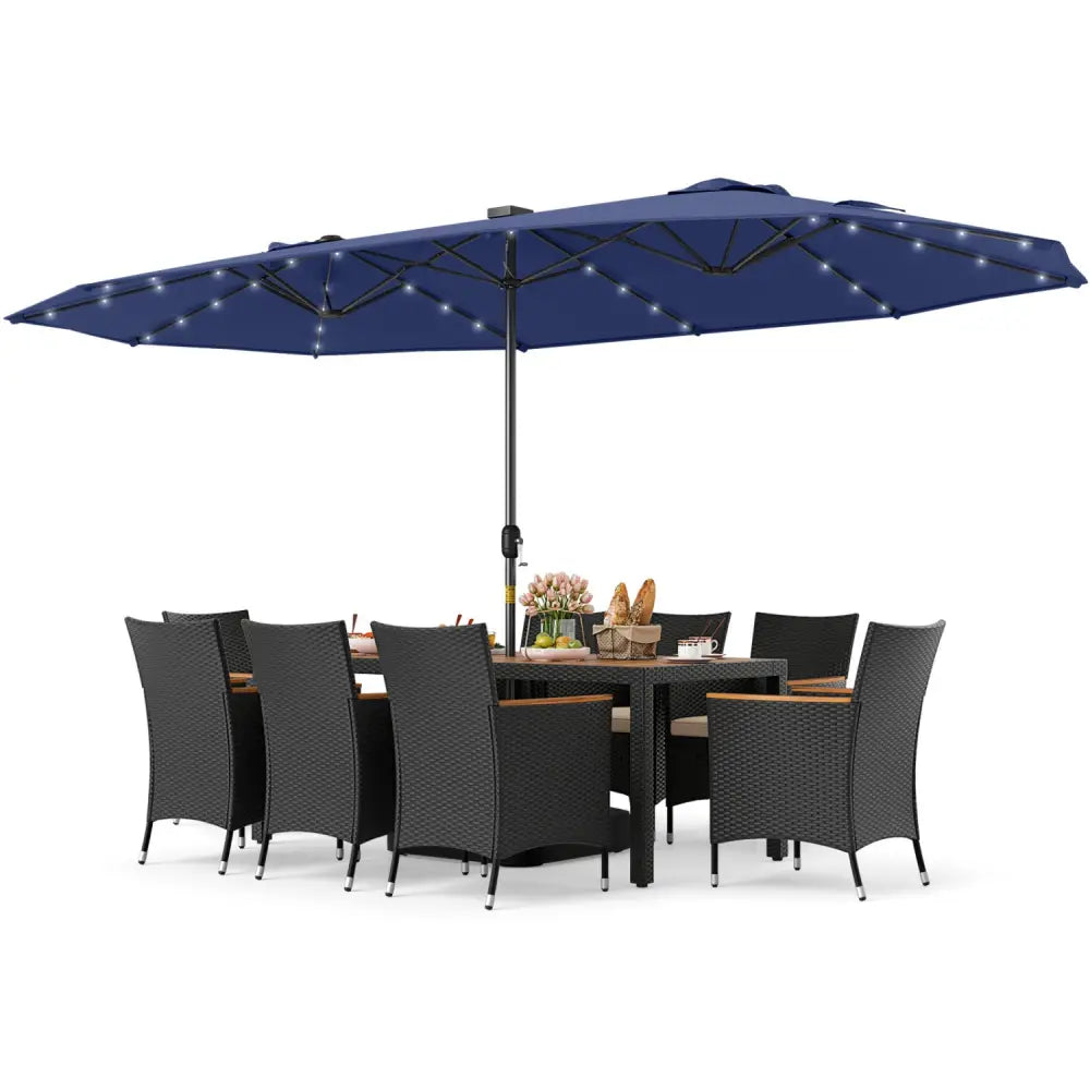11 Pieces Patio Dining Set with LED Patio Umbrella with Base and Seat Cushions (Beige)-Navy - Navy - Patio Dining Sets