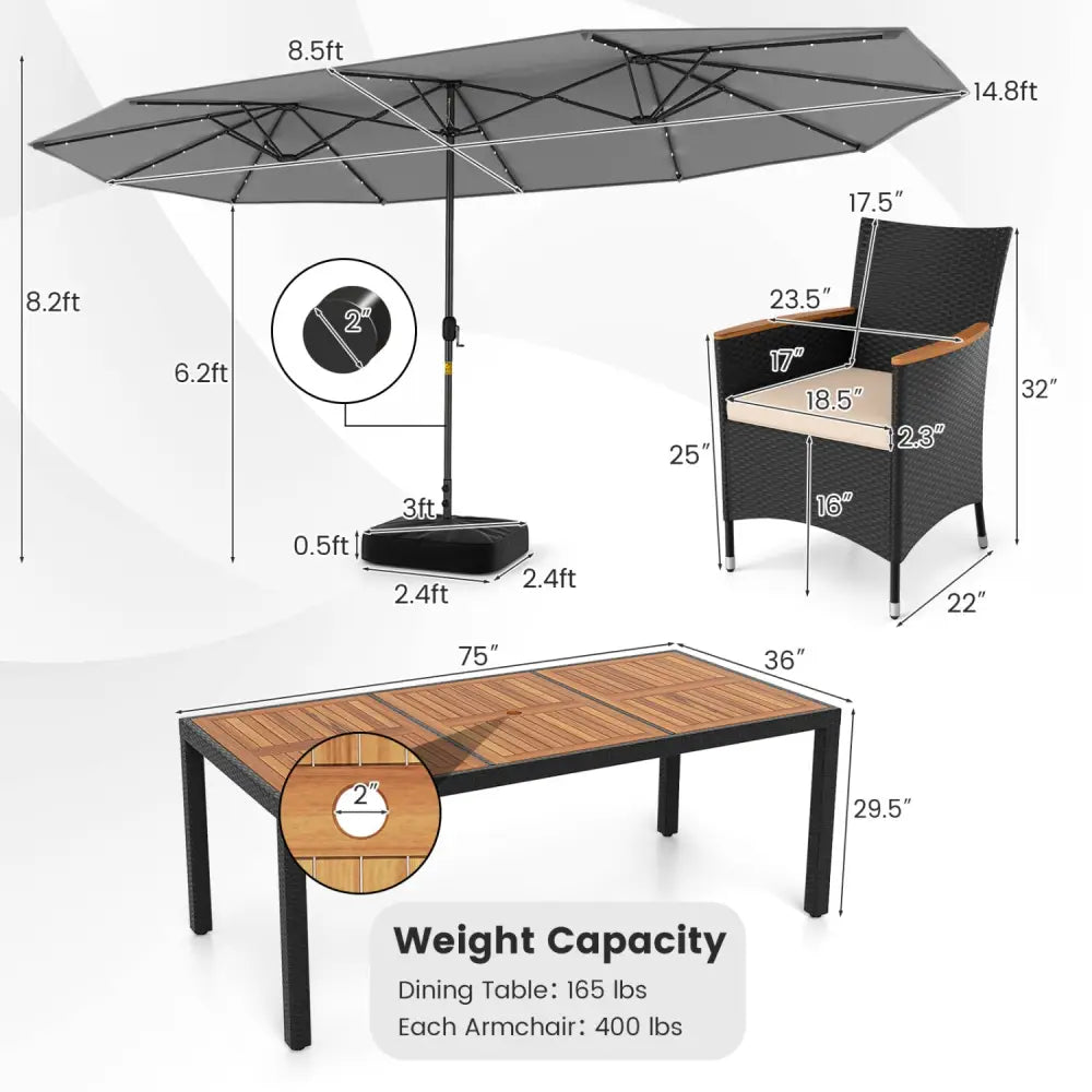 11 Pieces Patio Dining Set with LED Patio Umbrella with Base and Seat Cushions (Beige)-Gray - Gray - Patio Dining Sets