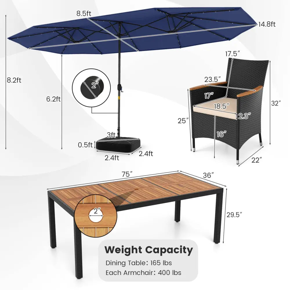 11 Pieces Patio Dining Set with LED Patio Umbrella with Base and Seat Cushions (Beige)-Navy - Navy - Patio Dining Sets