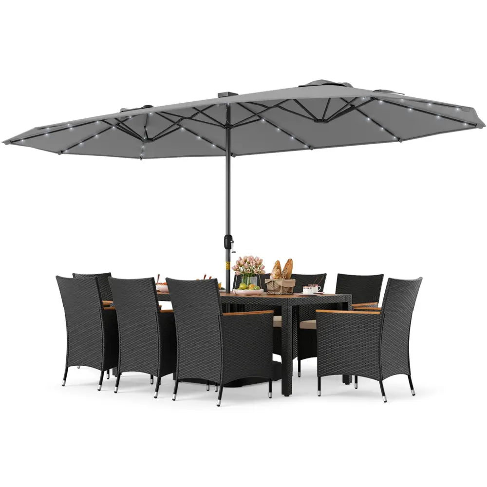 11 Pieces Patio Dining Set with LED Patio Umbrella with Base and Seat Cushions (Beige)-Gray - Gray - Patio Dining Sets