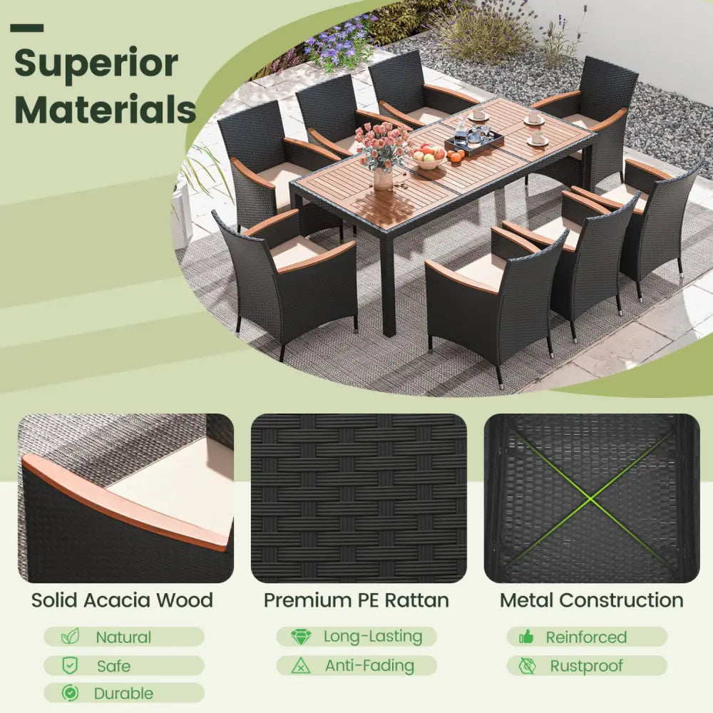11 Pieces Patio Dining Set with LED Patio Umbrella with Base and Seat Cushions (Beige)-Coffee - Coffee - Patio Dining