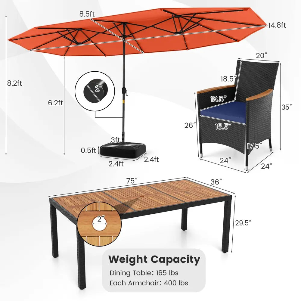 11 Pieces Patio Dining Set with LED Patio Umbrella with Base and Seat Cushions (Navy)-Orange - Orange - Patio Furniture