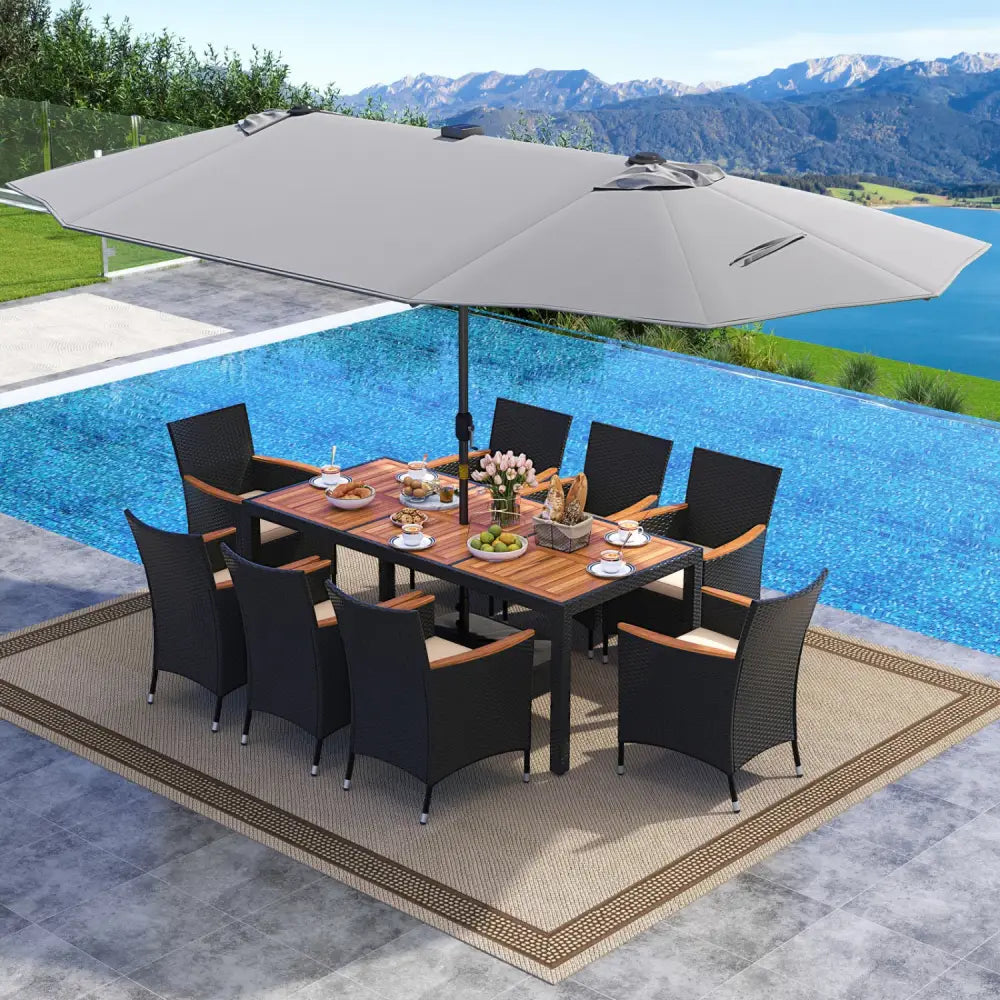 11 Pieces Patio Dining Set with LED Patio Umbrella with Base and Seat Cushions (Beige)-Gray - Gray - Patio Dining Sets