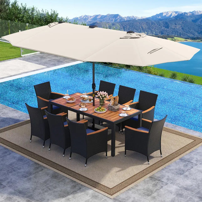 11 Pieces Patio Dining Set with LED Patio Umbrella with Base and Seat Cushions (Navy)-Beige - Beige - Patio Furniture