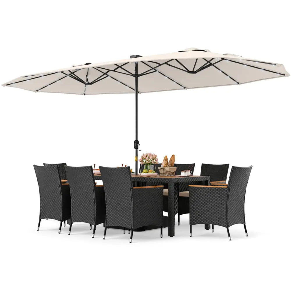 11 Pieces Patio Dining Set with LED Patio Umbrella with Base and Seat Cushions (Beige)-Beige - Beige - Patio Dining Sets