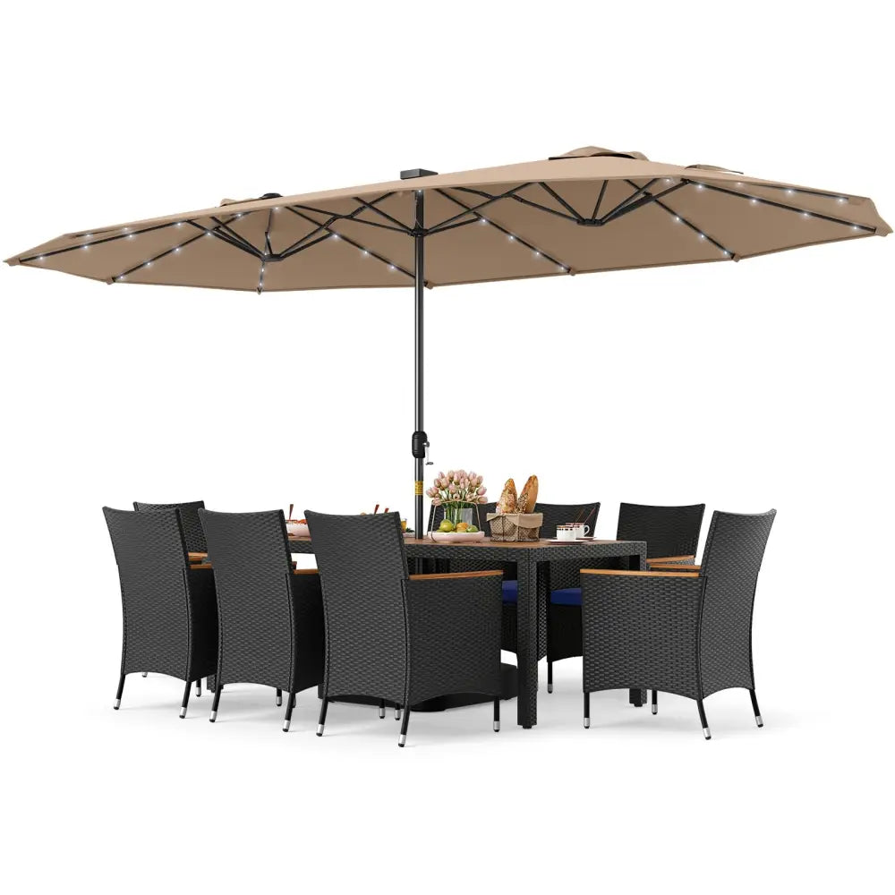 11 Pieces Patio Dining Set with LED Patio Umbrella with Base and Seat Cushions (Navy)-Coffee - Coffee - Patio Furniture