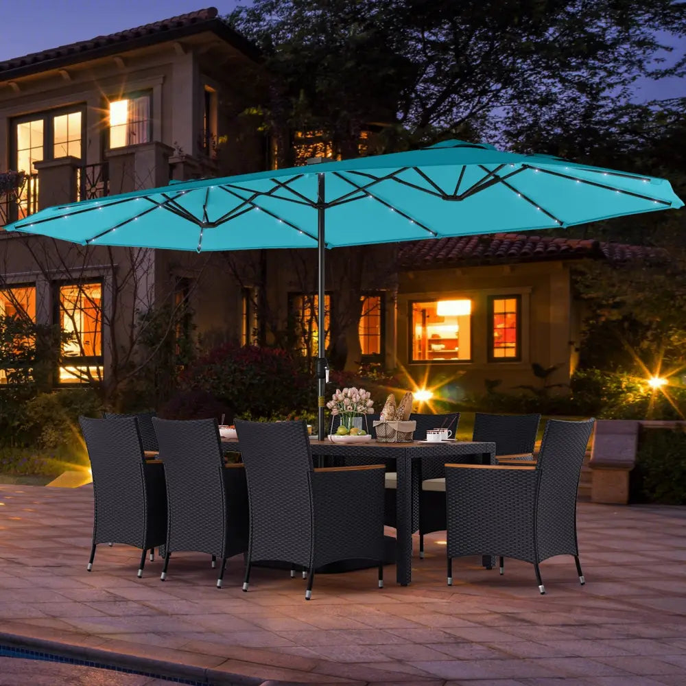 11 Pieces Patio Dining Set with LED Patio Umbrella with Base and Seat Cushions (Beige)-Turquoise - Turquoise - Patio