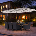 11 Pieces Patio Dining Set with LED Patio Umbrella with Base and Seat Cushions (Beige)-Beige - Beige - Patio Dining Sets