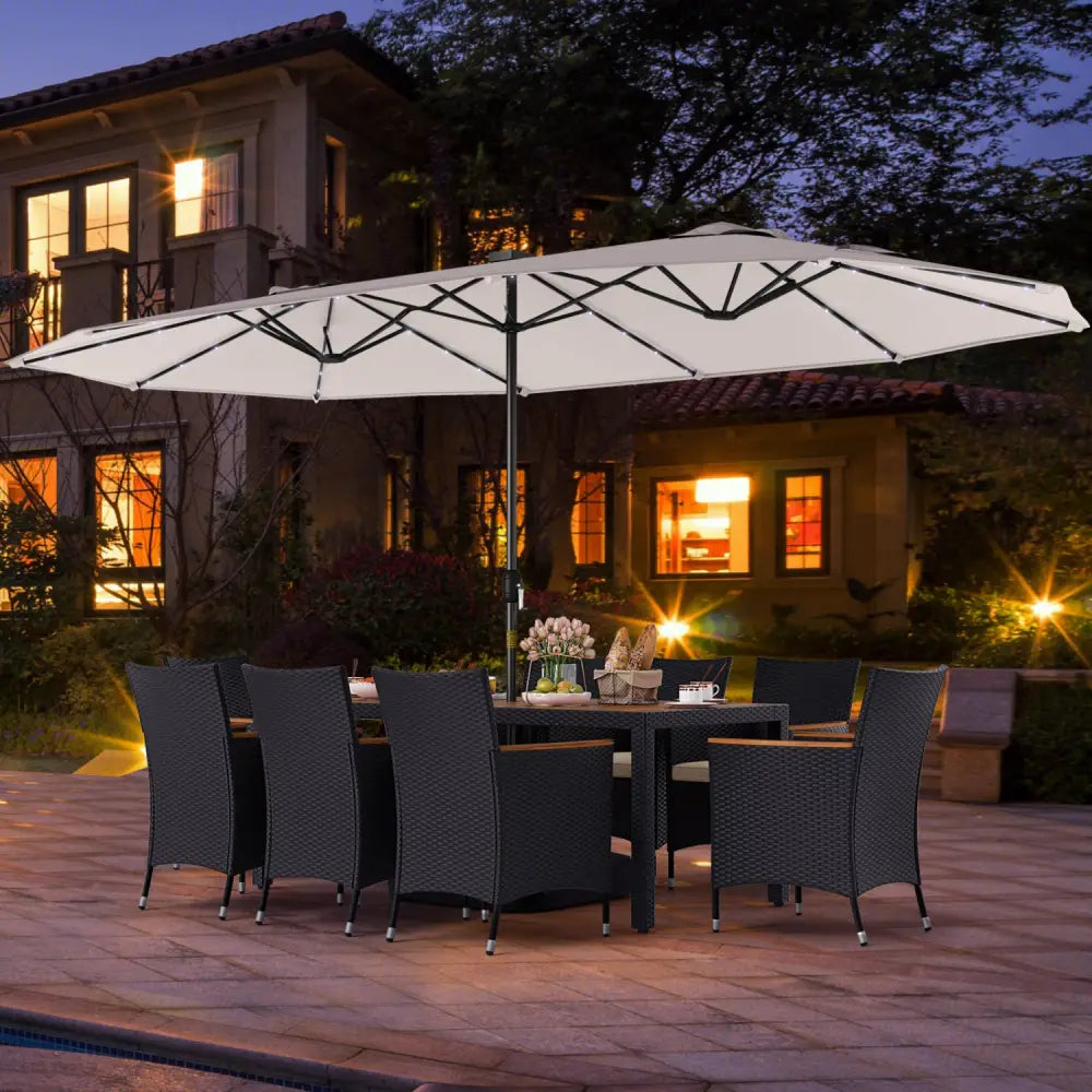 11 Pieces Patio Dining Set with LED Patio Umbrella with Base and Seat Cushions (Beige)-Beige - Beige - Patio Dining Sets