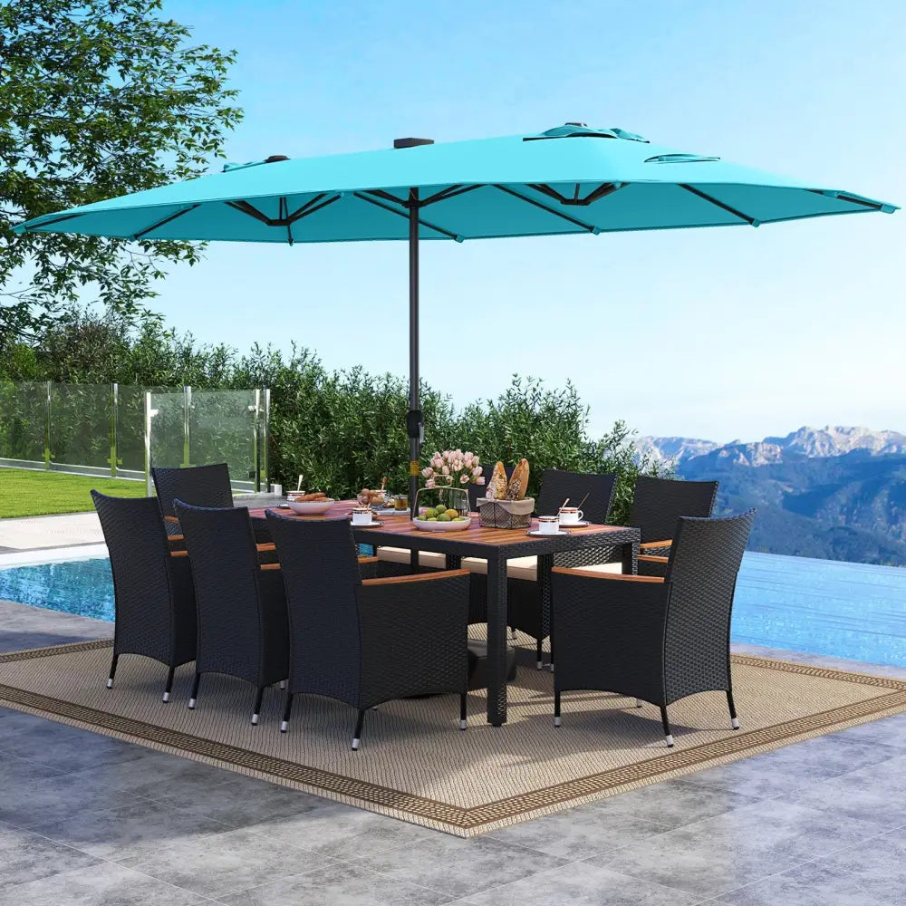 11 Pieces Patio Dining Set with LED Patio Umbrella with Base and Seat Cushions (Beige)-Turquoise - Turquoise - Patio