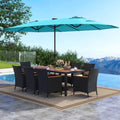 11 Pieces Patio Dining Set with LED Patio Umbrella with Base and Seat Cushions (Beige)-Turquoise - Turquoise - Patio