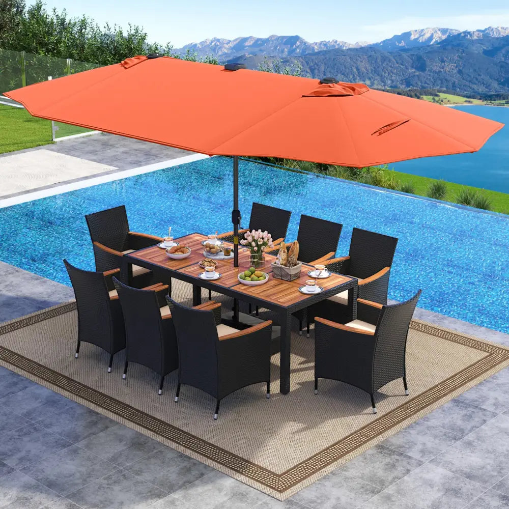 11 Pieces Patio Dining Set with LED Patio Umbrella with Base and Seat Cushions (Beige)-Orange - Orange - Patio Dining