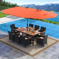 11 Pieces Patio Dining Set with LED Patio Umbrella with Base and Seat Cushions (Beige)-Orange - Orange - Patio Dining