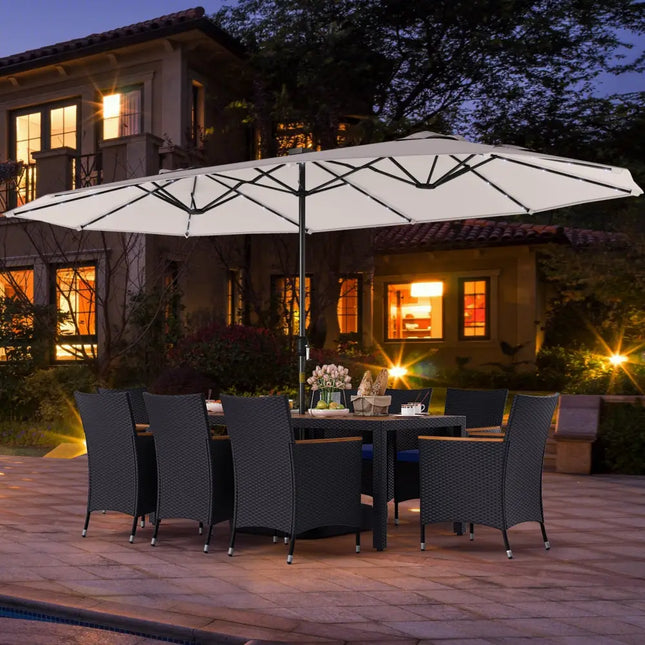 11 Pieces Patio Dining Set with LED Patio Umbrella with Base and Seat Cushions (Navy)-Beige - Beige - Patio Furniture
