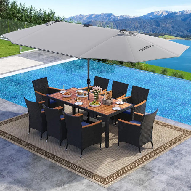 11 Pieces Patio Dining Set with LED Patio Umbrella with Base and Seat Cushions (Navy)-Gray - Gray - Patio Furniture Sets