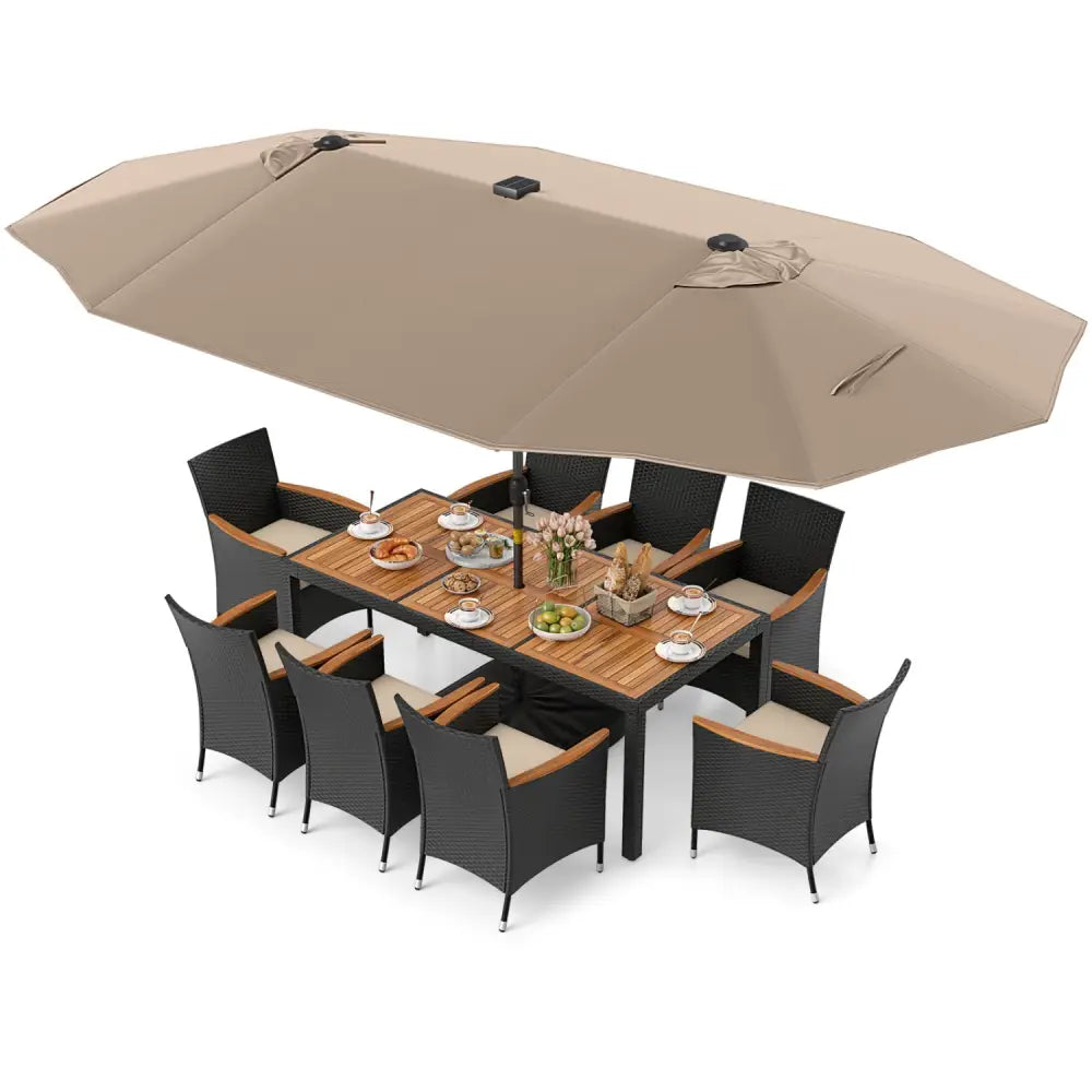 11 Pieces Patio Dining Set with LED Patio Umbrella with Base and Seat Cushions (Beige)-Coffee - Coffee - Patio Dining