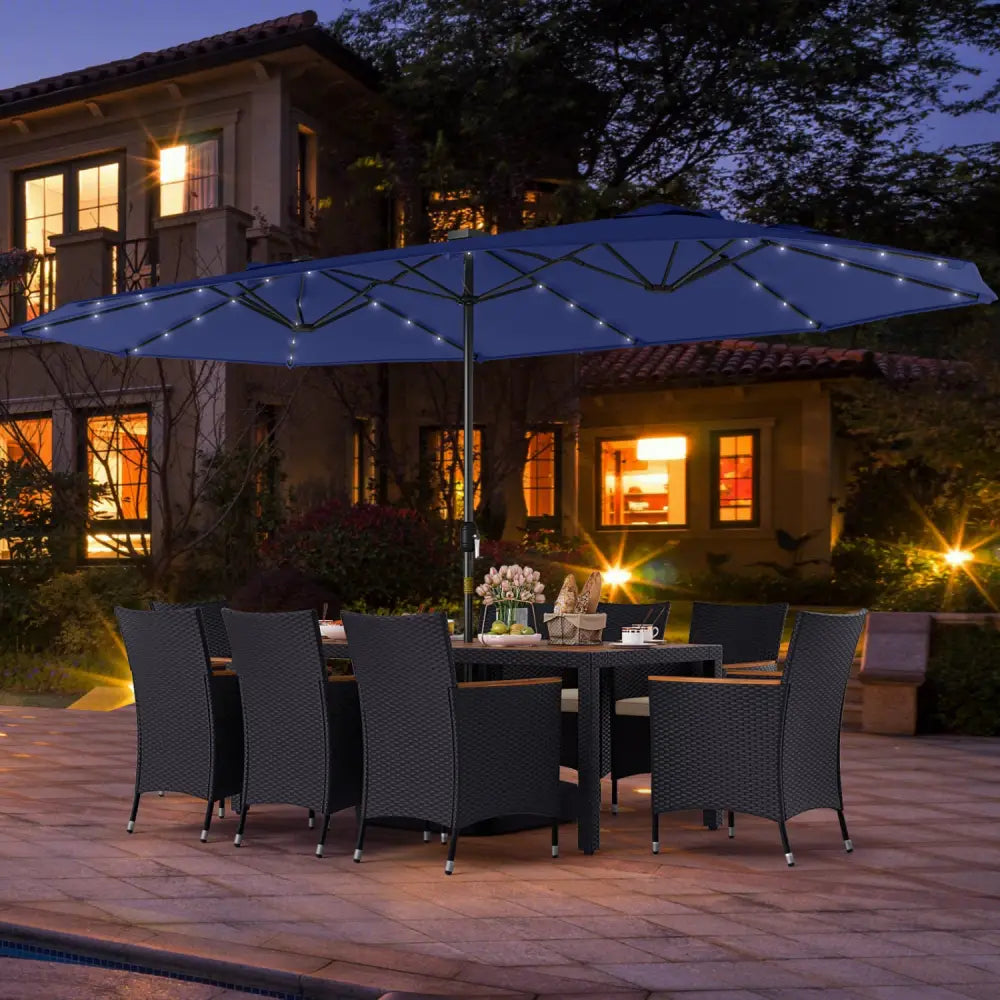 11 Pieces Patio Dining Set with LED Patio Umbrella with Base and Seat Cushions (Beige)-Navy - Navy - Patio Dining Sets
