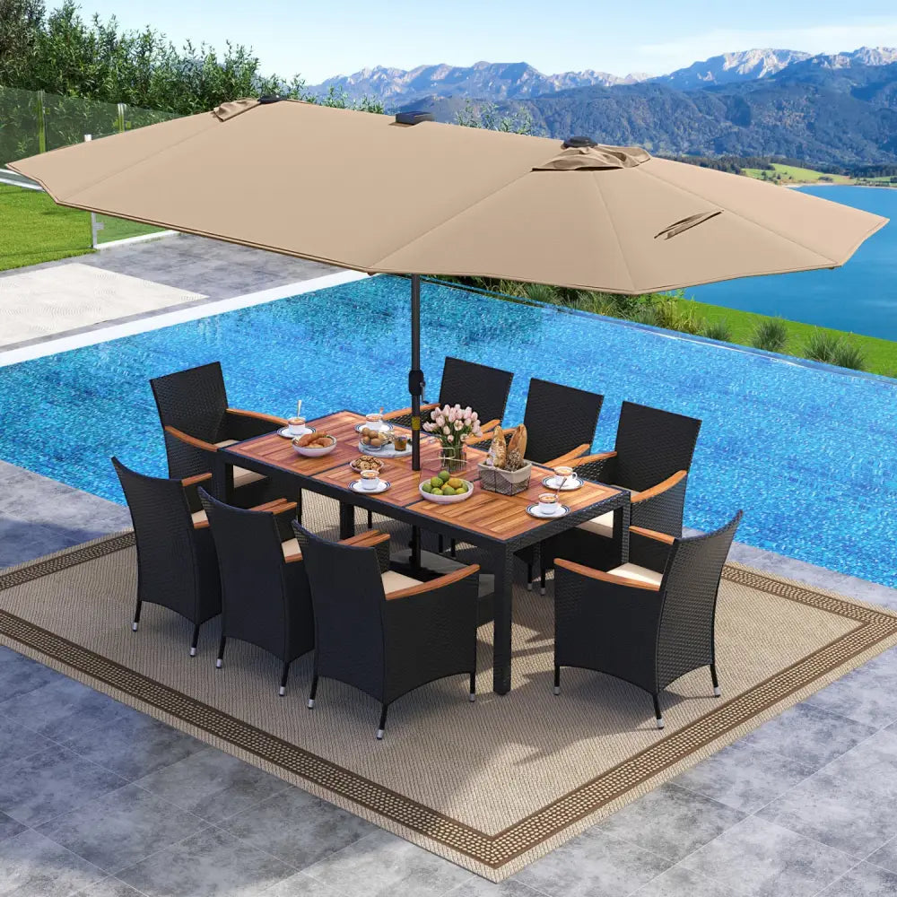 11 Pieces Patio Dining Set with LED Patio Umbrella with Base and Seat Cushions (Beige)-Coffee - Coffee - Patio Dining