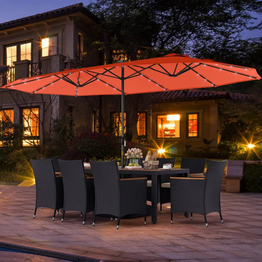 11 Pieces Patio Dining Set with LED Patio Umbrella with Base and Seat Cushions (Beige)-Orange - Orange - Patio Dining