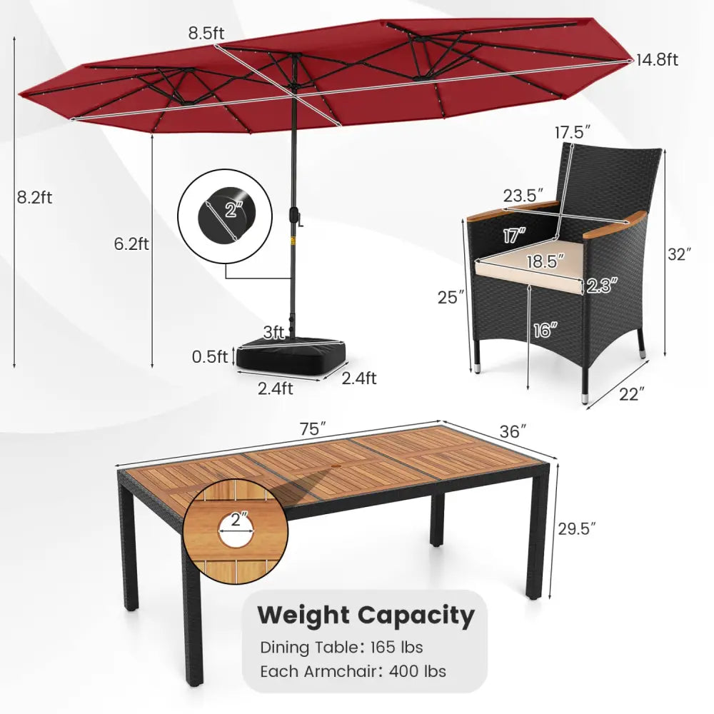 11 Pieces Patio Dining Set with LED Patio Umbrella with Base and Seat Cushions (Beige)-Wine - Wine - Patio Dining Sets