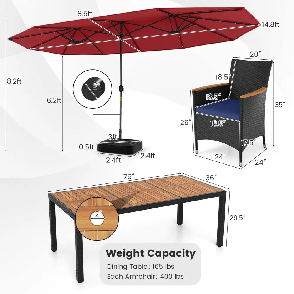 11 Pieces Patio Dining Set with LED Patio Umbrella with Base and Seat Cushions (Navy)-Wine - Wine - Patio Furniture Sets