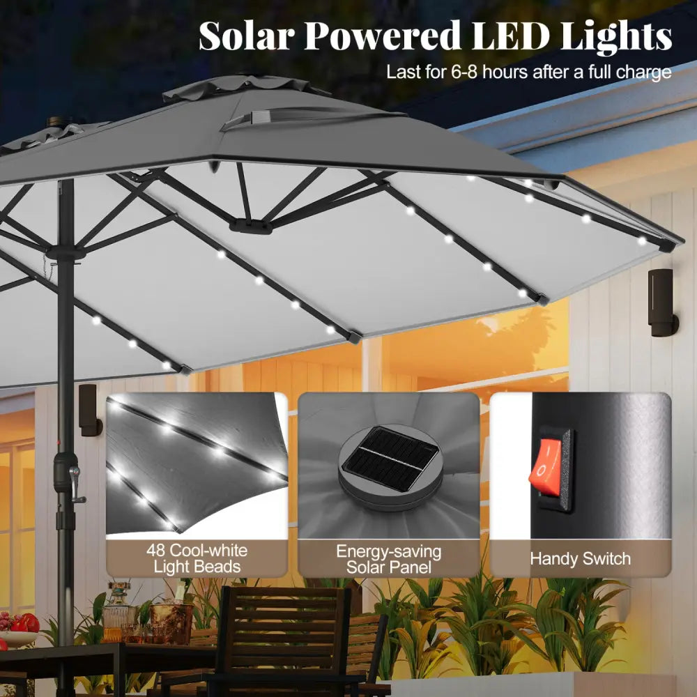 11 Pieces Patio Dining Set with LED Patio Umbrella with Base and Seat Cushions (Beige)-Gray - Gray - Patio Dining Sets