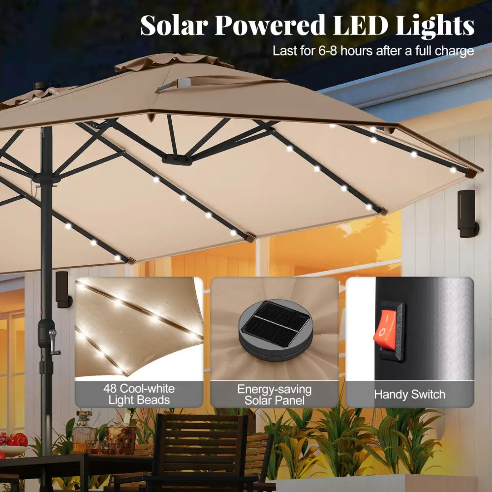 11 Pieces Patio Dining Set with LED Patio Umbrella with Base and Seat Cushions (Beige)-Coffee - Coffee - Patio Dining