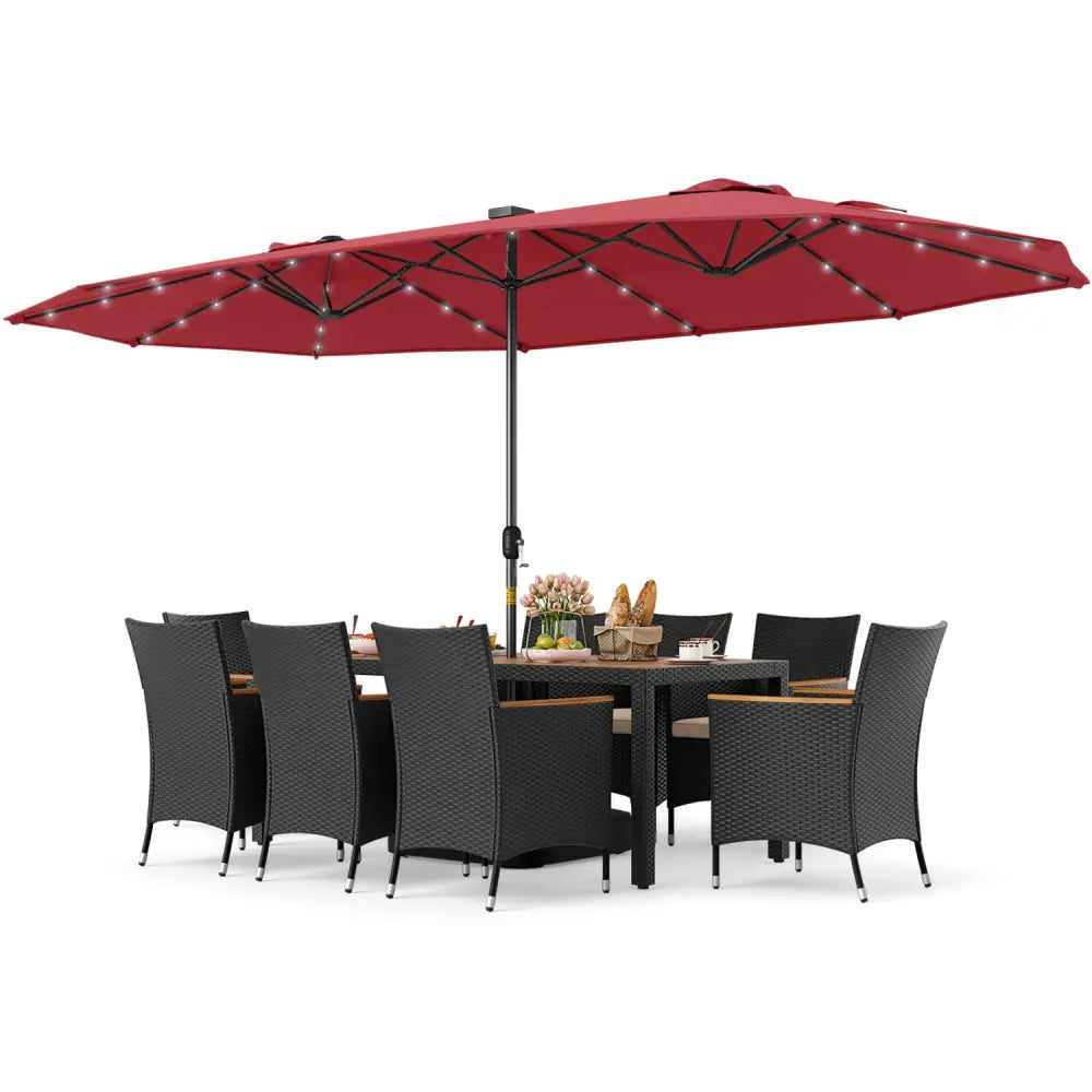 11 Pieces Patio Dining Set with LED Patio Umbrella with Base and Seat Cushions (Beige)-Wine - Wine - Patio Dining Sets