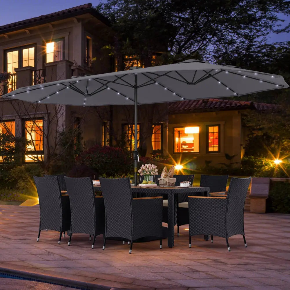 11 Pieces Patio Dining Set with LED Patio Umbrella with Base and Seat Cushions (Beige)-Gray - Gray - Patio Dining Sets