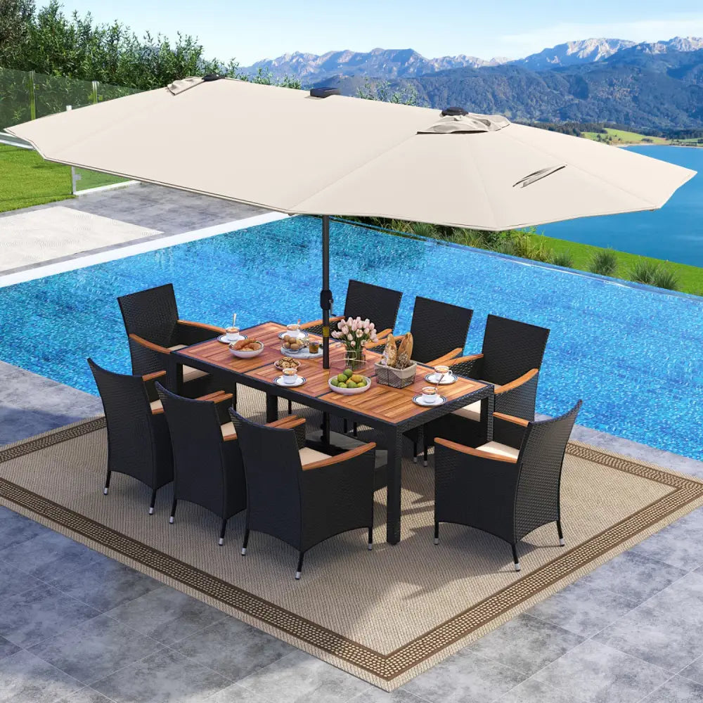 11 Pieces Patio Dining Set with LED Patio Umbrella with Base and Seat Cushions (Beige)-Beige - Beige - Patio Dining Sets