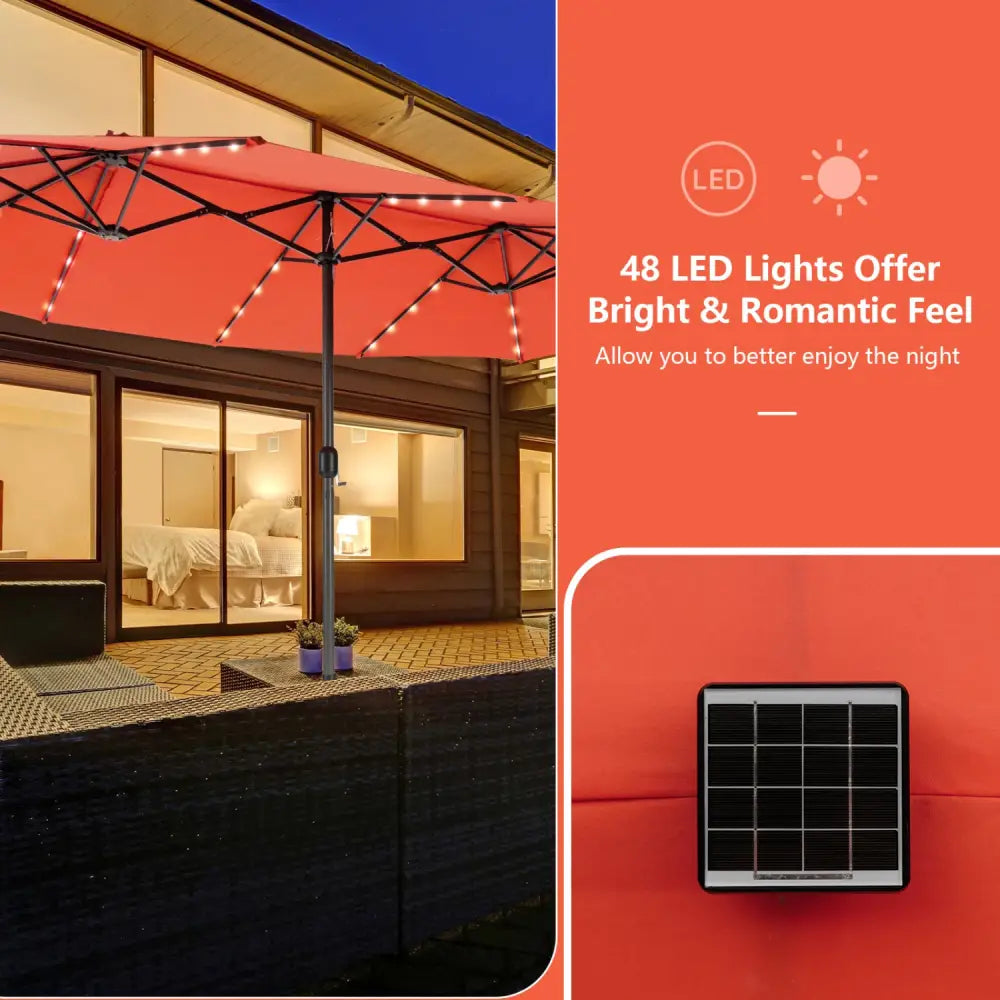 11 Pieces Patio Dining Set with LED Patio Umbrella with Base and Seat Cushions (Beige)-Orange - Orange - Patio Dining