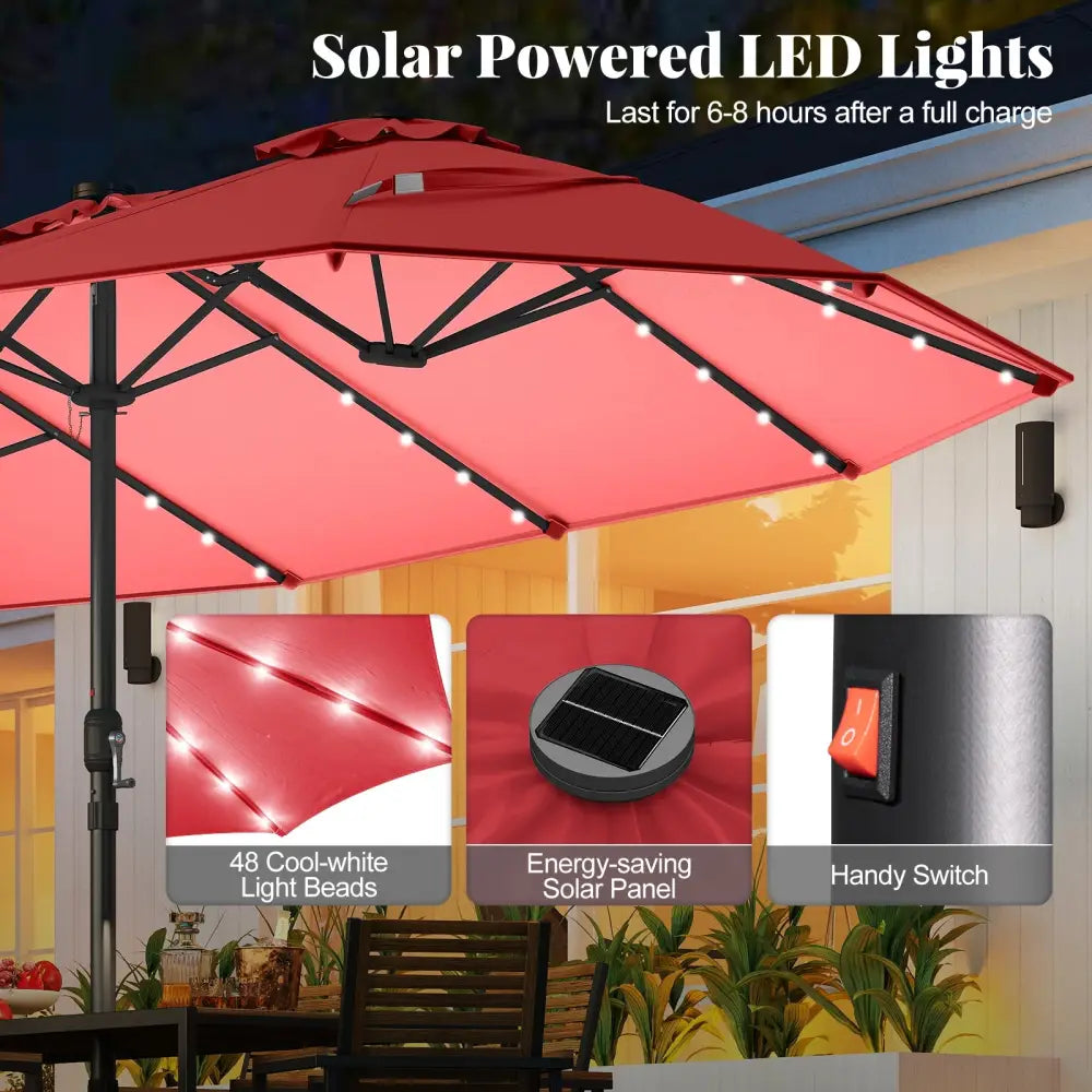 11 Pieces Patio Dining Set with LED Patio Umbrella with Base and Seat Cushions (Navy)-Wine - Wine - Patio Furniture Sets