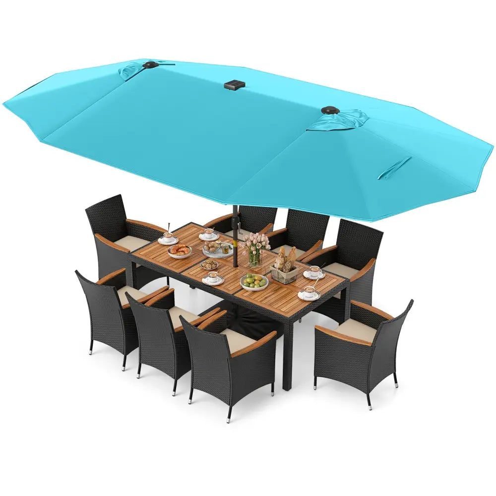 11 Pieces Patio Dining Set with LED Patio Umbrella with Base and Seat Cushions (Beige)-Turquoise - Turquoise - Patio