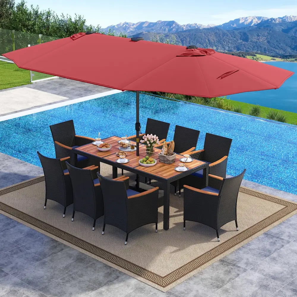 11 Pieces Patio Dining Set with LED Patio Umbrella with Base and Seat Cushions (Navy)-Wine - Wine - Patio Furniture Sets