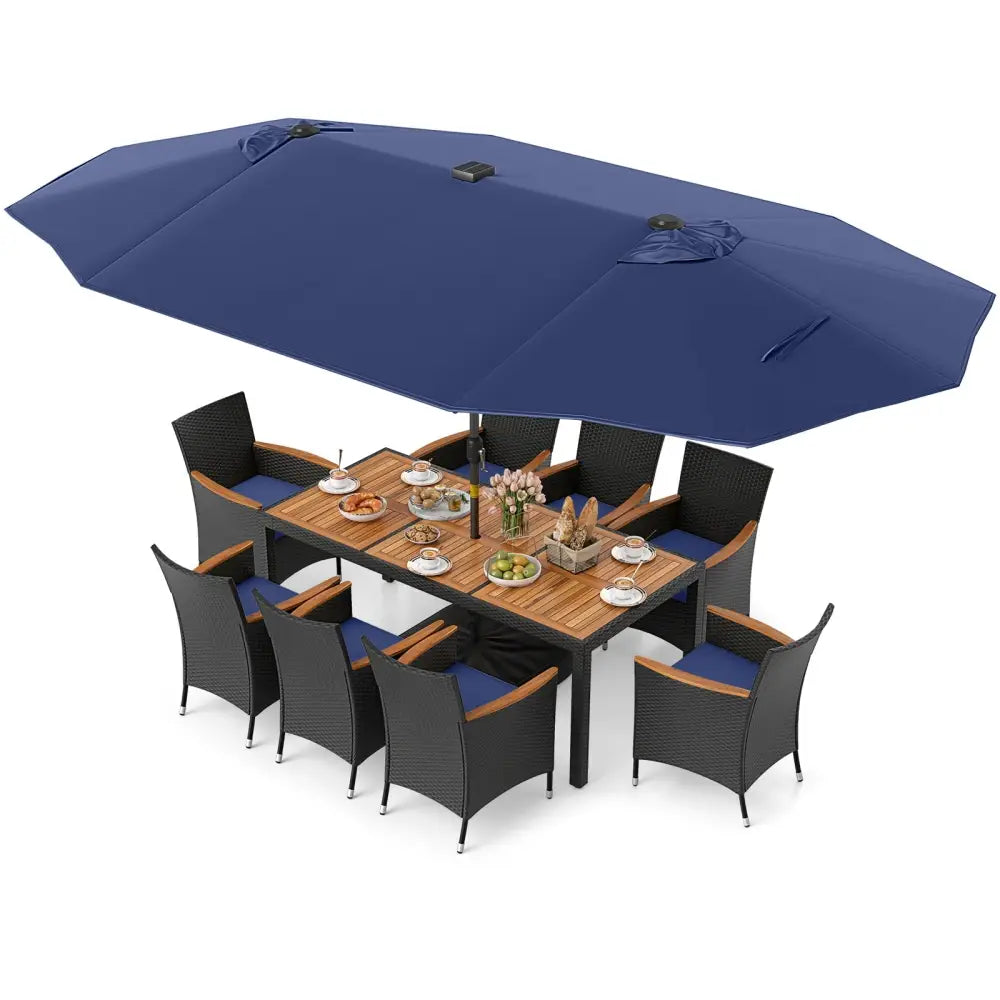 11 Pieces Patio Dining Set with LED Patio Umbrella with Base and Seat Cushions (Navy)-Navy - Navy - Patio Furniture Sets