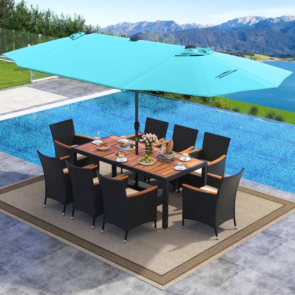 11 Pieces Patio Dining Set with LED Patio Umbrella with Base and Seat Cushions (Beige)-Turquoise - Turquoise - Patio