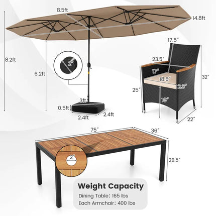 11 Pieces Patio Dining Set with LED Patio Umbrella with Base and Seat Cushions (Beige)-Coffee - Coffee - Patio Dining