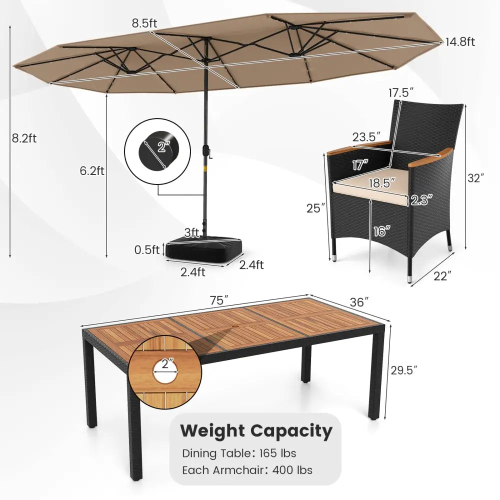 11 Pieces Patio Dining Set with LED Patio Umbrella with Base and Seat Cushions (Beige)-Coffee - Coffee - Patio Dining