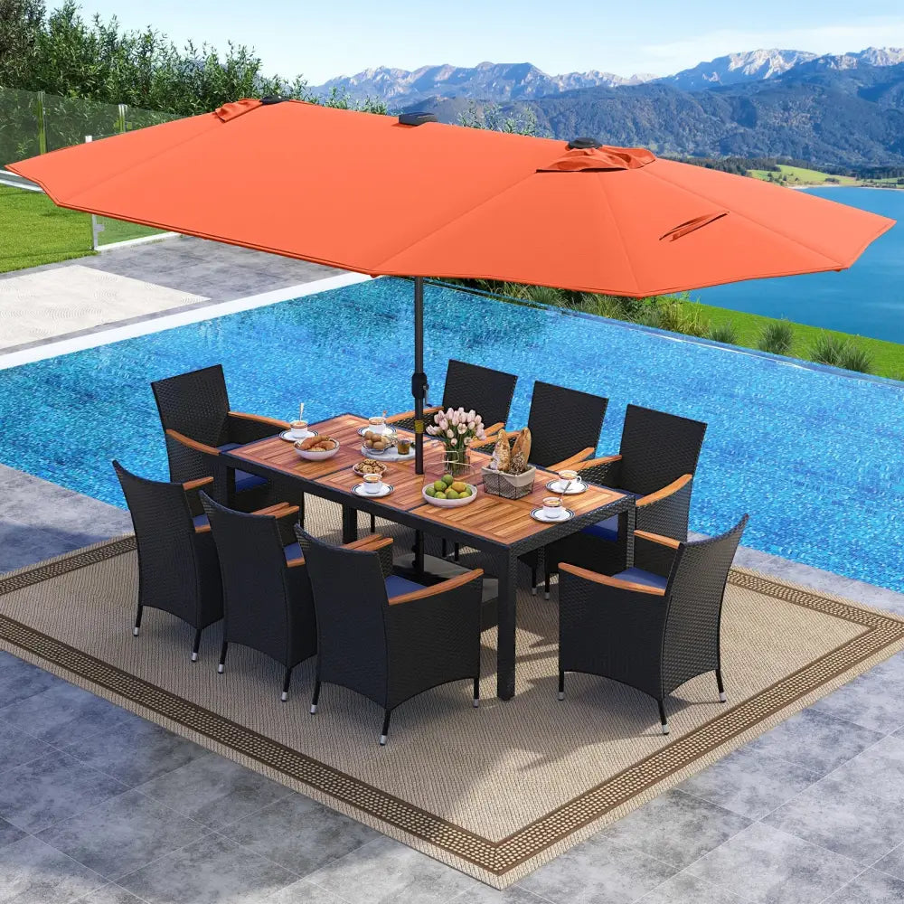 11 Pieces Patio Dining Set with LED Patio Umbrella with Base and Seat Cushions (Navy)-Orange - Orange - Patio Furniture